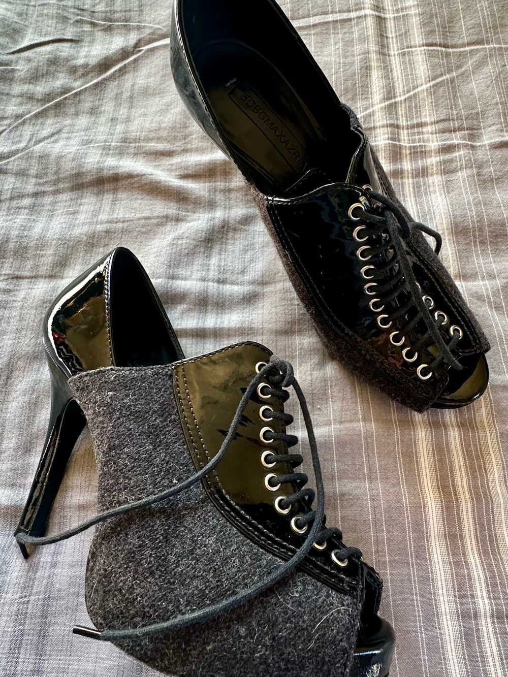 BCBGMaxAzria Black Lace-Up Peep-Toe Heels with Gray Felt Panels